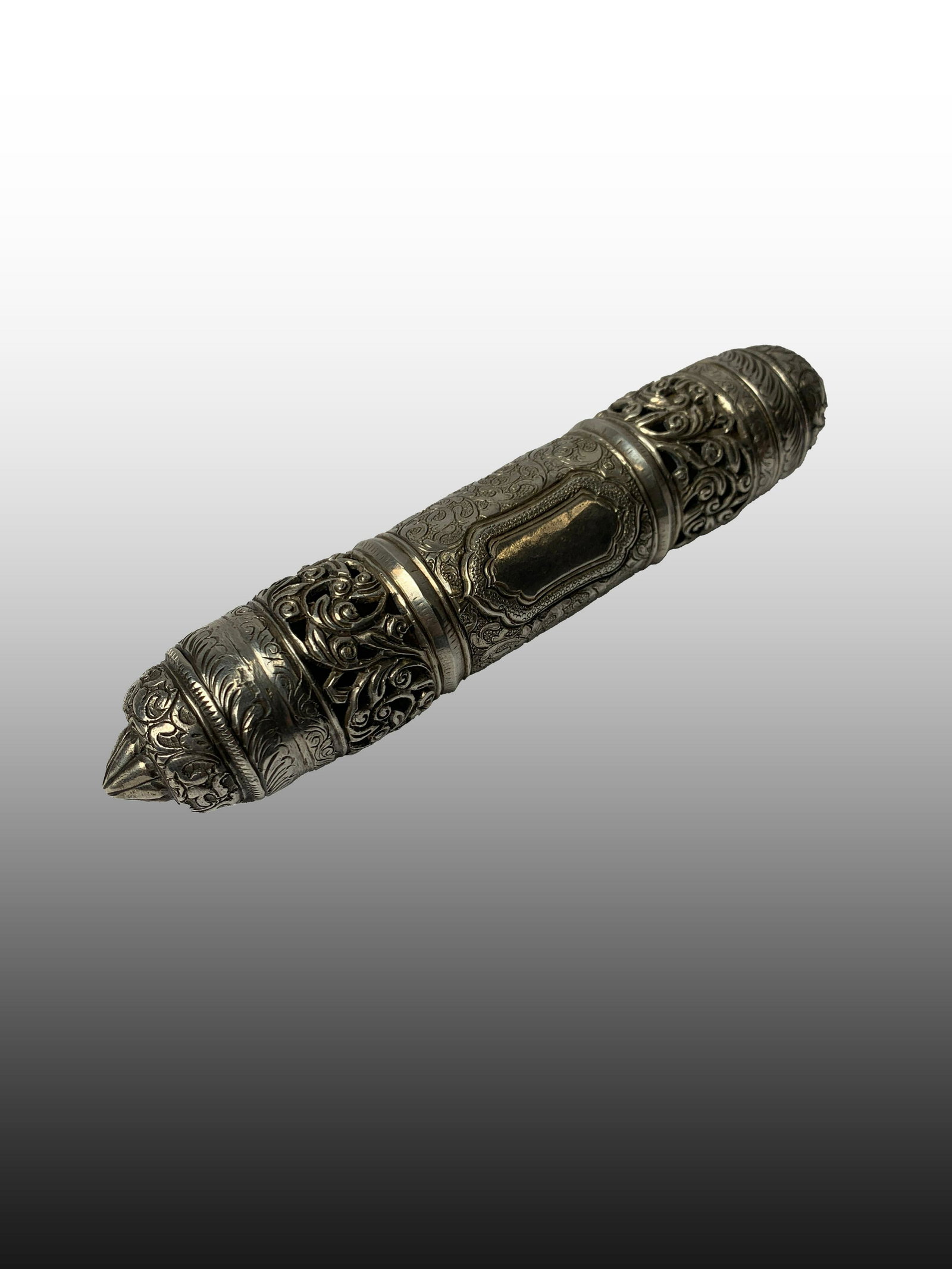 800 Silver Judaica Mezuzah: This is a Hebrew Mezuzah in 800 Silver that holds religious scrolls. These are typically mounted on a doorway and they are holding the blessings of the home. It measures 7 inches in length and has a t