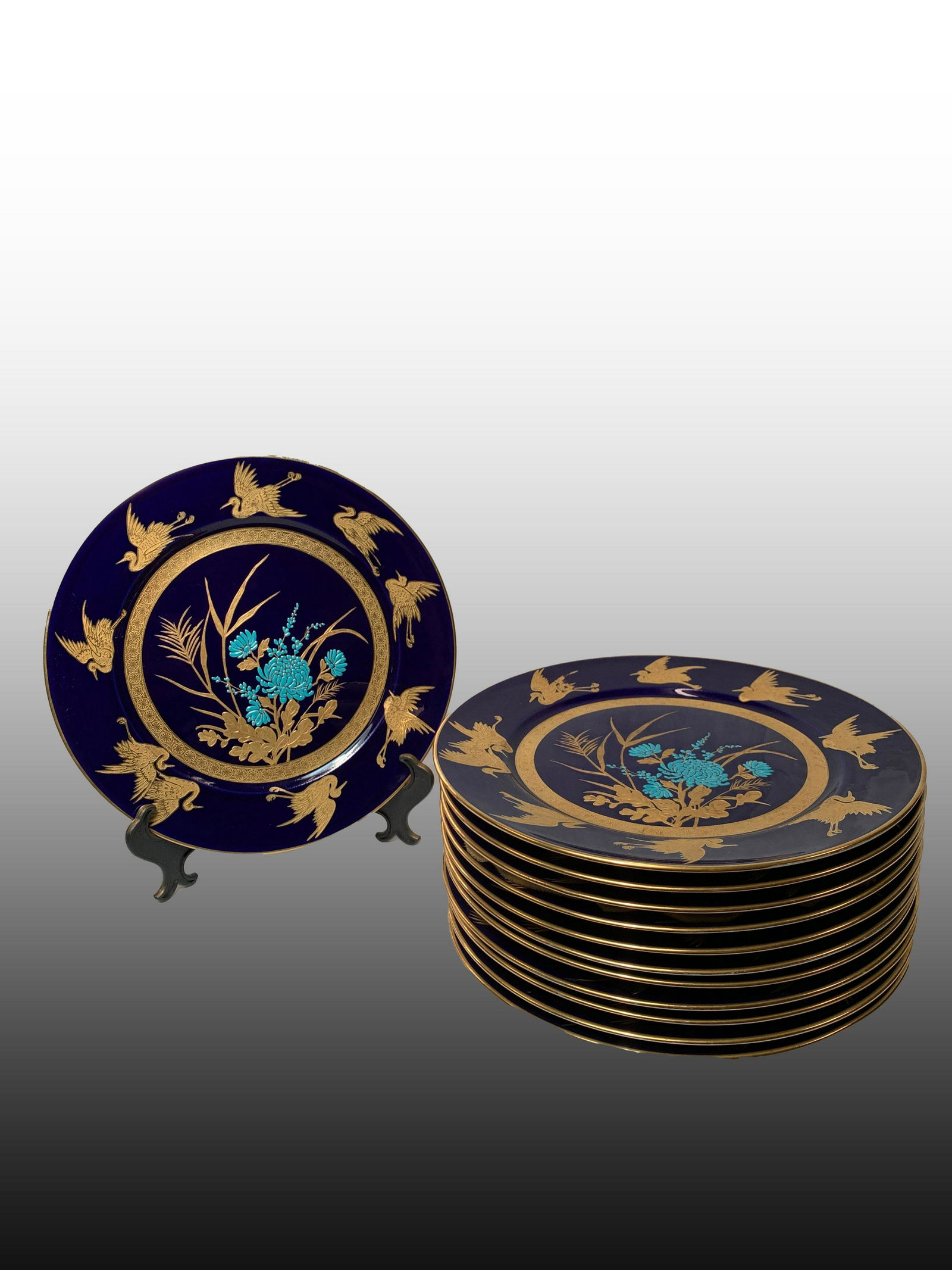 Set of 12 Gold Encrusted Cobalt Blue Cabinet Plates (1 of 5)