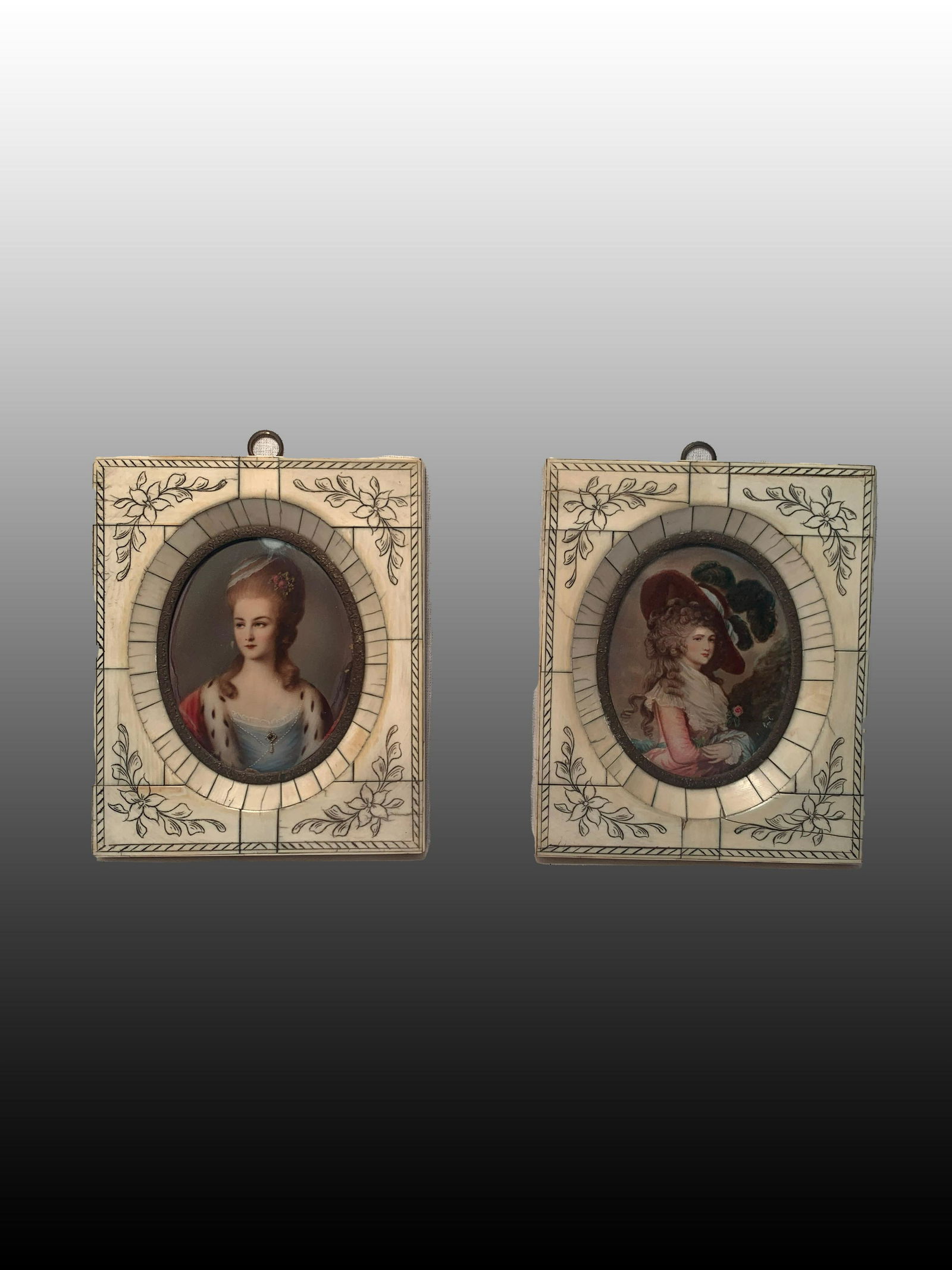 Pair of French Miniature signed paintings on Ivory (1 of 5)