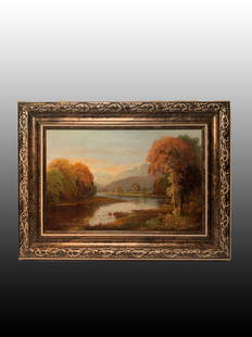 Daniel Charles Grose, American (1838-1900) Oil Painting: An american autumn landscape by Daniel Grose, oil on canvas. It measures 8 x 12 in. sight size and 11 1/2 x 15 3/4 in. total size.