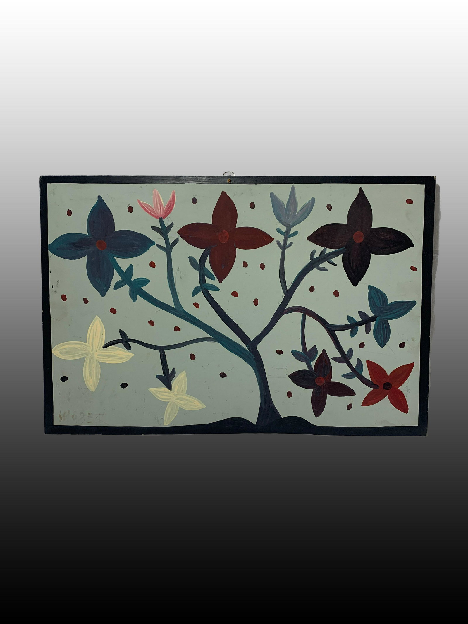 Mose Tolliver, American (1920-2006) Oil on Board: Mose Tolliver is one of the most highly regarded, American self taught Outsider artists in the country. This is an Oil on Board of one of his saught after florals. It measures 20 x 30 inches.