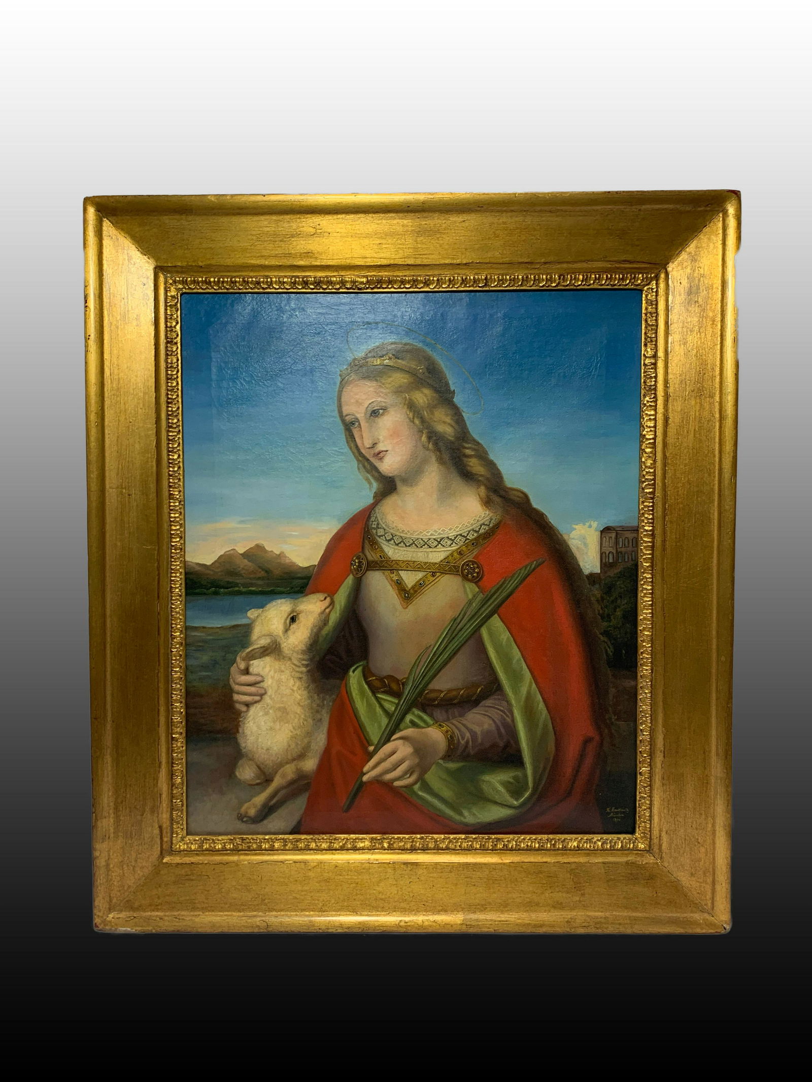 19th c Italian Oil on Canvas of Madonna & Lamb, 1894 (1 of 8)