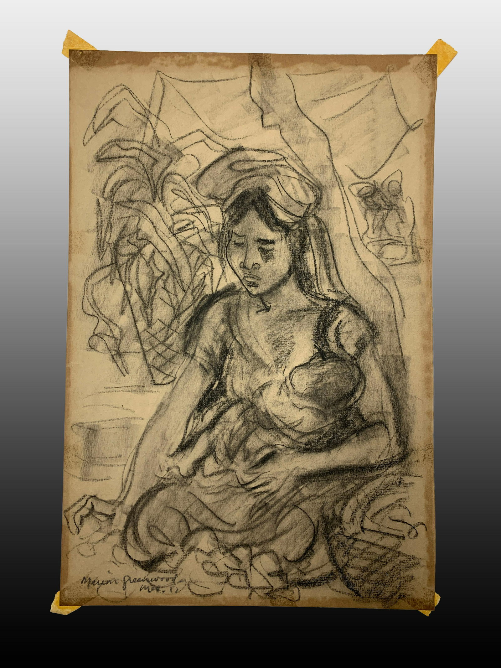 Marion Greenwood, N.Y./Mexico (1909-1970) Charcoal: The piece measures 18 x 12 inches sight size.