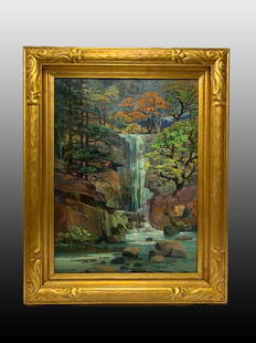 Laurence Sisson, American (1928-2015 Oil on Board: A great example of Laurence Sisson's work titled "Fauxbourdon" depicting a waterfall in the forest. The painting is set in a beautiful Newcomb Macklin Frame. The next lot is another fine painting by t