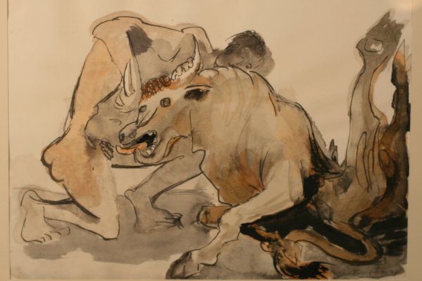 Emile Filla Mixed Media (Czech Republic): Matador and Bull - A watercolor by Czech Republic artist Emil Filla,signed and dated 1937 on the bottom right hand corner, measuring 10 1/2" x 14 1/2"