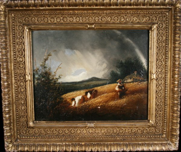 After Thomas Gainsboro, British, Oil/Panel: From the Old School Square Museum, an unsigned oil on panel with old label on verso which reads: "Christie's reference number 120H, Lot 89- 12.1.1878, Cornfield, Gainsboro. Disclaimer: Any piece of ar
