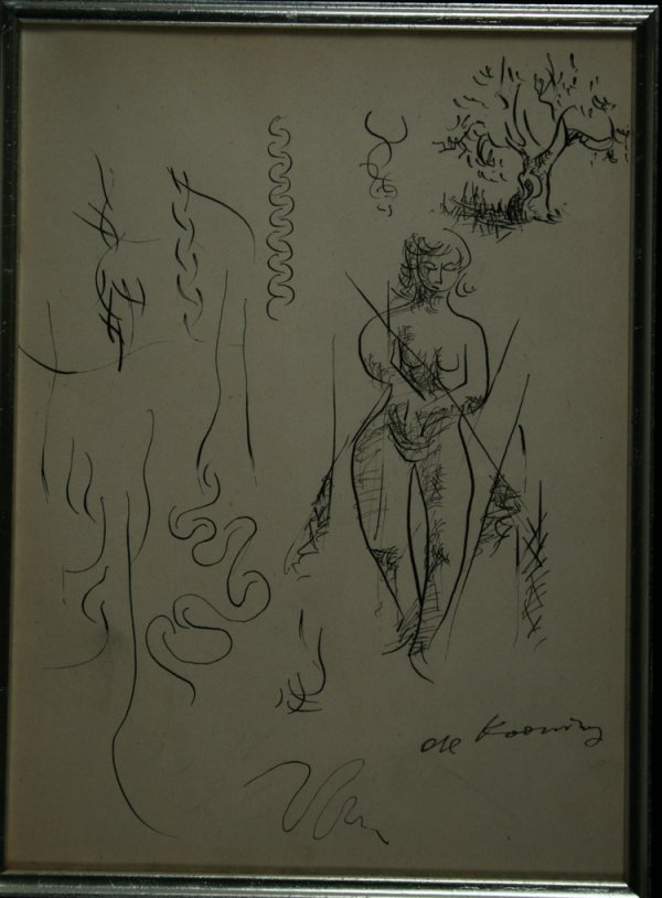 Willem DeKooning, American : From the Old School Square Museum, a Willem Dekooning, American (1904-1997), pen and ink with wash; signed lower right measuring 9" x 6 1/2" Disclaimer: Any piece of art deaccessed from the Old School