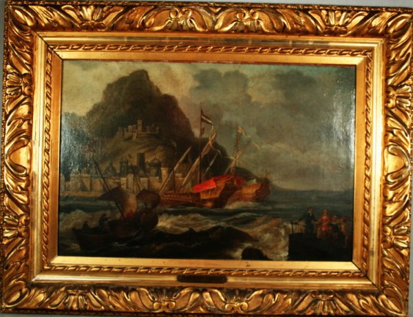 Bonaventura Peeters, Dutch Oil: From the Old School Square Museum, an unsigned oil on canvas with a metal plaque attached which reads "Bonaventura Peeters, measuring 15" x 22". Disclaimer: Any piece of art deaccessed from the Old Sc