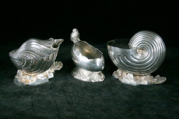 Group of Victorian English Spoon Warmers: Group of three - Joseph Rodgers & Sons Sheffield shell, nautilus shell signed W B & S (hand soldered) and also has the mark of Matthew Bolton on the inside hinge