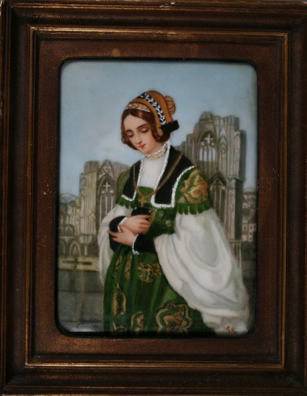 Hand Painted Porcelain Plaque: A lovely hand painted porcelain plaque with the initials "EM" on the bottom right hand corner and information on the reverse.