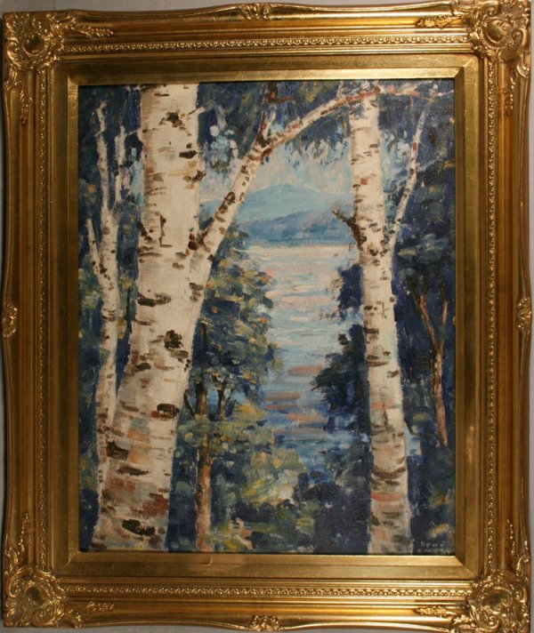 Oil On Masonite Of Birch Trees: From the Old School Square Museum, a nice oil on masonite of birch trees in a forest with an illegible signature measuring 20" x 16"