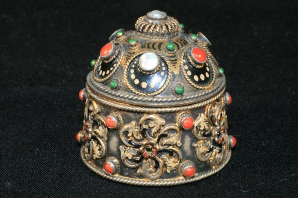 19thc Hungarian 800 Silver Gilt Enamel Box: A silver gilt Hungarian enameled box inset with mother of pearl and coral; we have another similar box Lot #156 which is inlaid with mother of pearl and turquoise.