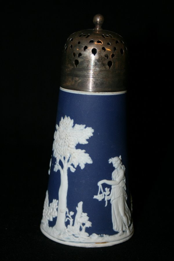 Wedgwood Jasperware Sugar Shaker: In the dark Wedgwood blue with silver metal top