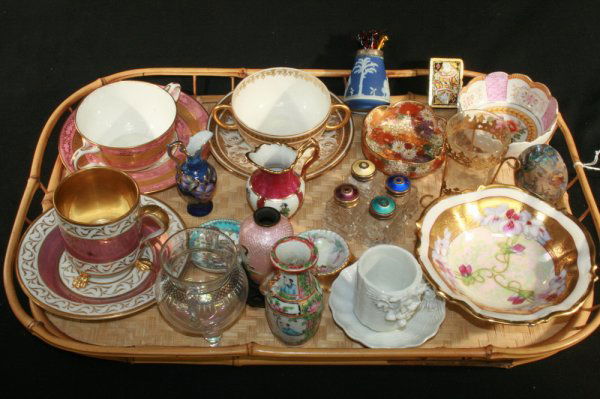 Tray Lot Of Cups And Saucers: Various shapes, sizes and makers including: Wedgwood, Limoge, KPM