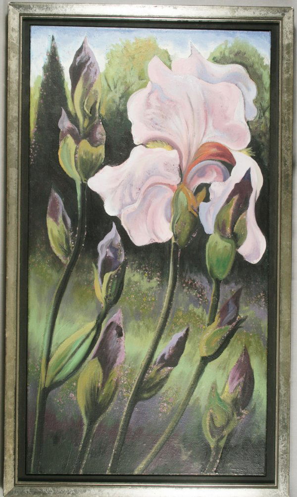 Lowell Nesbitt (1933-1993) New York: Oil on canvas ,Iris Garden, signed and dated on verso," Iris Garden – '84, L. Nesbitt, New York 1984", 26" x 14