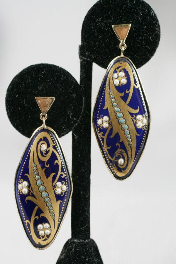 14Kt YG Enamel/Pearl Earrings: The earrings are made on a porcelain plaque marked Royal Worcester and are enameled in blue with pearls; the gold not marked but tested