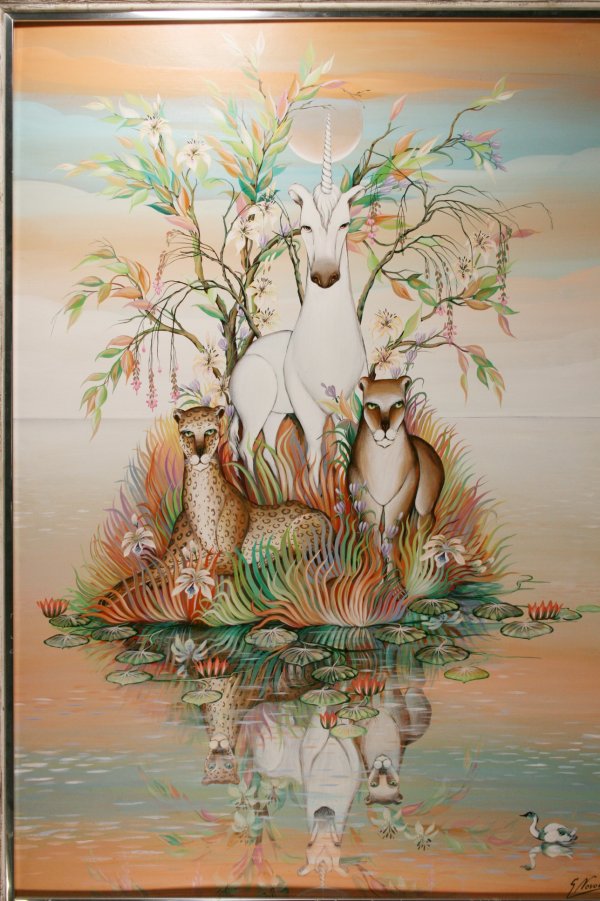 Gustavo Novoa (1941 - ) Oil On Canvas: 20thc Chilean – "Spring Retreat" 1985, Acrylic on panel – depicts a central unicorn flanked by a leopard and a tiger, all floating on an island with reflections in water, signed lower right G. Nov