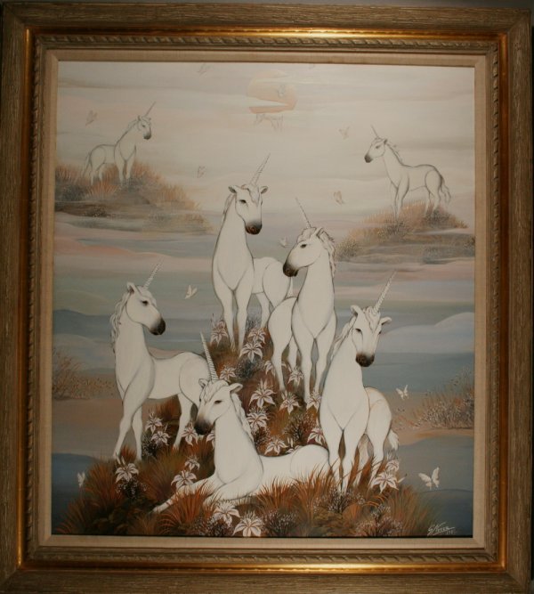 Gustova Novoa (Chilean 20thc) Oil On Canvas: Oil painting entitled "Planet Of The Unicorn", 34 1/2" x 30 1/2"