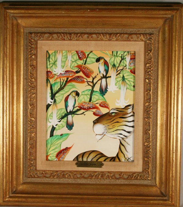 Gustavo Novoa (20thc Chilean) Oil Painting: A small oil painting of a tiger gazing at birds, 10 ½" x 9