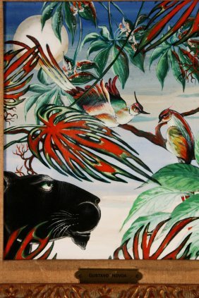 Gustavo Novoa (20thc Chilean) Oil Painting: A small oil painting of a panther gazing at birds, 10 ½" x 9