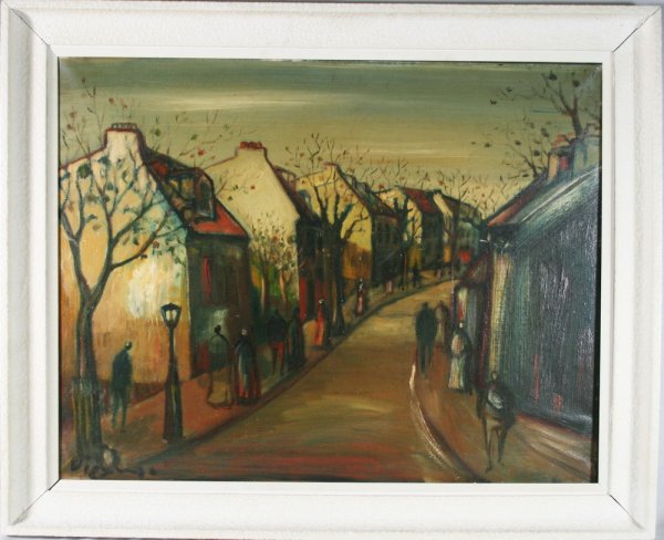Classic Modernistic Style Oil Painting: The oil painting on canvas is reminiscent of Maurice Utrillo. It is signed on the lower right with an illegible signature, 21 1/2" 27 1/2"