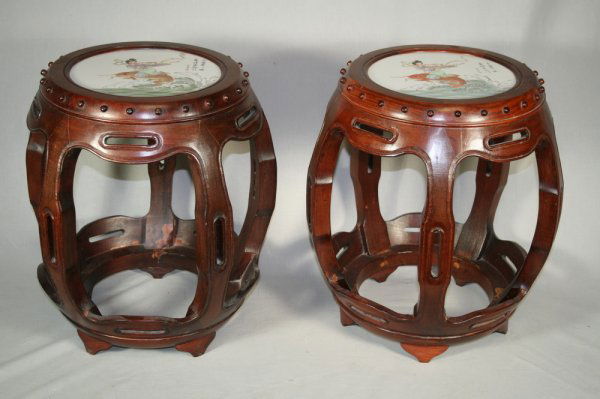 Pair of Oriental Teak Wood Porcelain Stands: The porcelain insets are of fish design