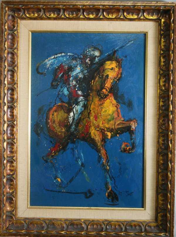 Ted Jaslow Oil On Board: A colorful painting of a knight on horseback, 14" x 12