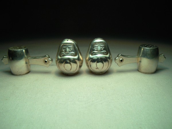 Japanese Sterling Salt & Pepper Shakers: Japanese children's toy, small drums, and pair of Daruma Dolls