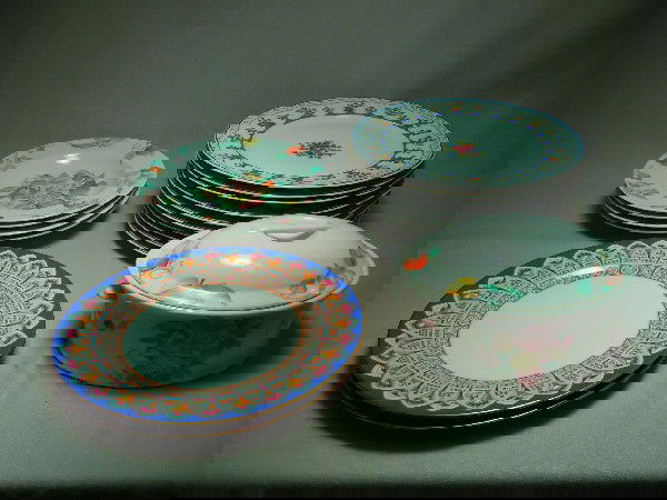 Bernardaud Limoges China, "Chateaubriand": Ten "Chateaubriand" pattern dinner plates, pattern description: Blue Laurel Rim, Pink & Blue Flowers. Along with two Bernardaud Limoges China dinner plates, "Consolat" pattern. This lot also includes