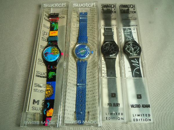 Four Swiss Limited Edition Swatch Watches: Two Swatch art collection, both limited edition, one Valerio Adami, and one Pol Bury, and two musical watches.