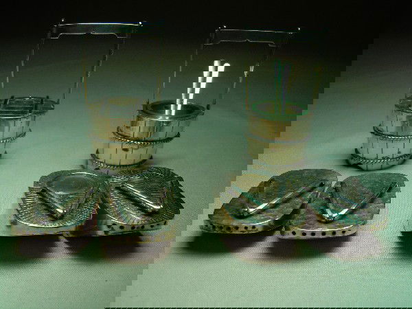 Japanese Sterling Salt & Pepper Shakers: Pair of buckets, and two pairs of Japanese "Zoris" (sandals)