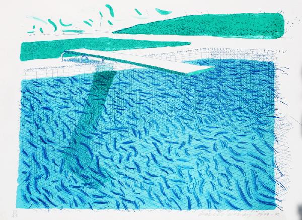 David Hockney, "Lithograph of Water": Lithograph on handmade paper, published by Tyler Graphics Ltd., NY with their blindstamp. Lithograph in colors, 1978 - 1980. Lithograph is numbered 33/48 and is signed in pencil, measuring, 29"x33."