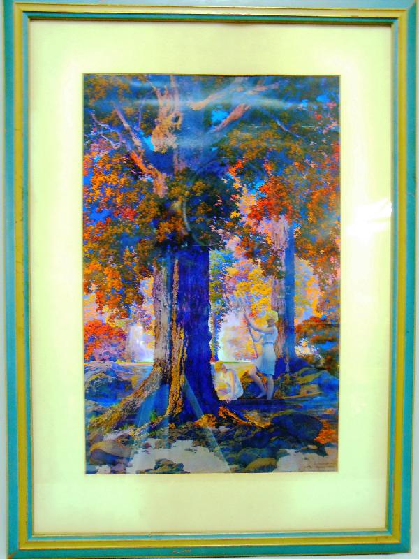 Maxfield Parrish Print: Maxfield Parrish print lithographed for Edison lampworks of General Electric copyright date 1927 (Label on verso)