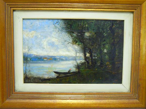 Alexander Harrison, American Oil on Canvas: Alexander Harrison oil on canvas, signed and dated, depicting a boat on a tranquil lakeside. Painting dated 1908, and measuring 8"x 12".
