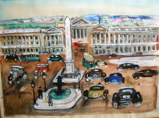 Lucien Genin, "La Place De La Concord", circa 1950: From the Old School Square Museum, gouache on paper depicting one of the major public squares in Paris, France. The artist has signed in the bottom left hand corner. Measurements are 10" x 13". Discla