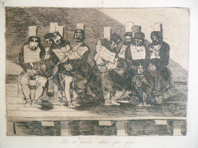 Francisco Jose de Goya Lucientes, Original Etching: From the Old School Square Museum, an original etching entitled, "No se Puede Saber Por Que" from the Disasters of War series. Measurements are: 10" x 12 3/4". Disclaimer: Any piece of art deaccessed 