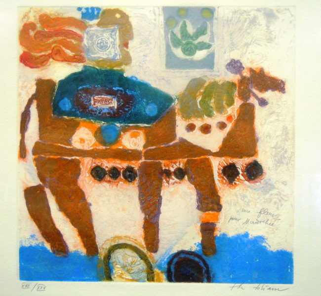 Theo Tobiasse, " Un Fleur Pour Mardochee" : From the Old School Square Museum, etching. Pencil signed and titled in pencil, numbered XVII/XXV, on handmade paper. Measurements are: 28" x 27". Disclaimer: Any piece of art deaccessed from the Old 