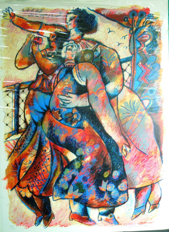 Theo Tobiasse, Lithograph: From the Old School Square Museum, a lithograph entitled "Le Ciel est Etroit Entre les Vagues et la Nuit". Signed and numbered 110/200. Measurements are: 30" x 22" Disclaimer: Any piece of art deacces