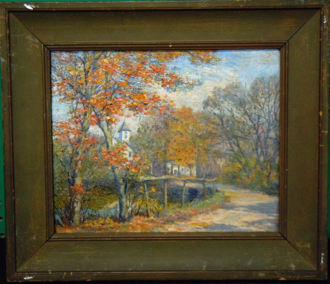 George Gardner Symons, Oil Painting On Board: From the Old School Square Museum, oil on board, unsigned. On the back of the board it reads, "Street in Old Mystic" and there is a stamp from the Estate of Louis Betts, George Gardner Symons. Measure