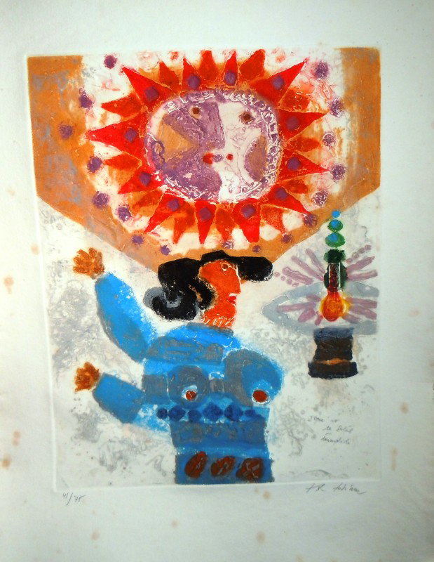 Theo Tobiasse, "Jovie et le Soleil": From the Old School Square Museum, Theo Tobiasse etching on handmade paper. Pencil signed and numbered 41/75. Measurements are: 33 1/2" x 26". Disclaimer: Any piece of art deaccessed from the Old Scho