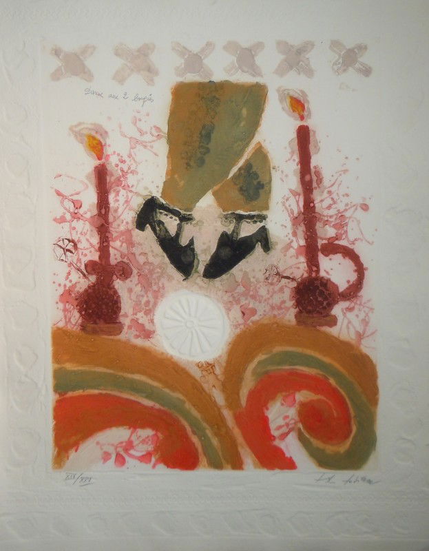 Theo Tobiasse, "La Danse aux Deux Bougies": From the Old School Square Museum, Theo Tobiasse etching on handmade paper. Pencil signed and numbered XIV/XXV. Measurements are: 33 3/4" x 25 1/2". Disclaimer: Any piece of art deaccessed from the Ol