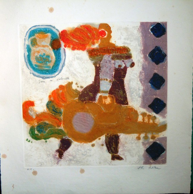 Theo Tobiasse, "Dame Au Violincelle", 1980: From the Old School Square Museum, Theo Tobiasse etching on handmade paper. Pencil signed by artist and on bottom left side it reads, "H.C." Measurements are: 26 1/4" x 25 7/8". Disclaimer: Any piece 