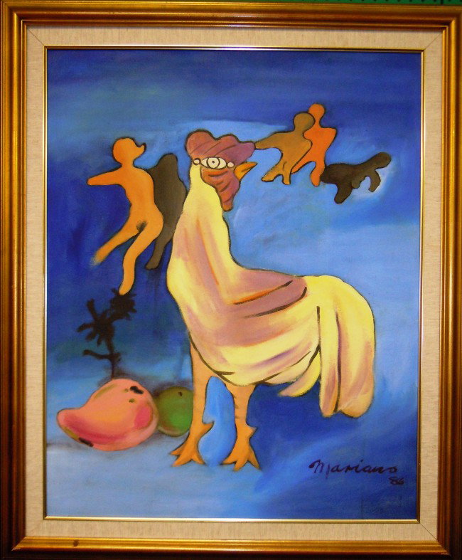 Mariano Rodriguez, "El Gallo" : From the Old School Square Museum, an oil on canvas signed and dated 86' in lower right hand corner. Measurements are: 38 1/2" x 30 7/8". Disclaimer: Any piece of art deaccessed from the Old School Sq