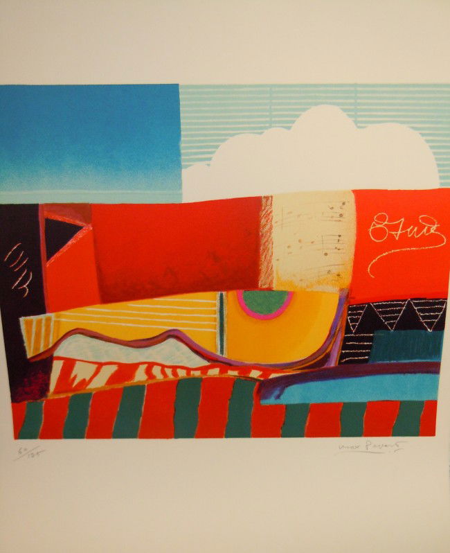 Max Papart, Lithograph (half guitar): From the Old School Square Museum, Max Papart lithograph on handmade paper. Pencil signed in bottom right and numbered 60/125. Measurements are: 16" x 19 3/4". Disclaimer: Any piece of art deaccessed