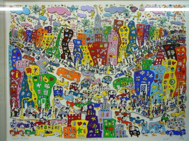 James Rizzi, "Crosstown Traffic" Artist Proof: From the Old School Square Museum; this three dimensional lithograph is pencil signed A.P., with the artists' signature and dated, 1984. Measurements are: 24" x 32".