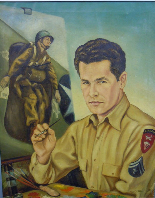 William Klein, "Airborne": From the Old School Square Museum, oil on canvas depicting a self portrait of a U.S. army soldier. Measurements are: 29 7/8" x 23 1/2".