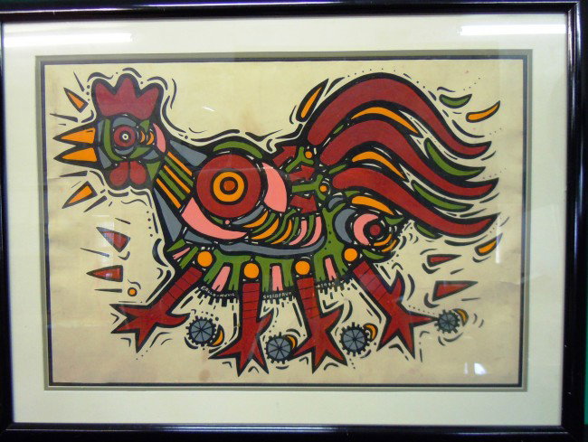 Alfredo Sosabravo, Watercolor : From the Old School Square Museum, a watercolor of a colorful rooster. Artist signed within the rooster and dated 1975. Measurements are: 20" x 28". Disclaimer: Any piece of art deaccessed from the Ol
