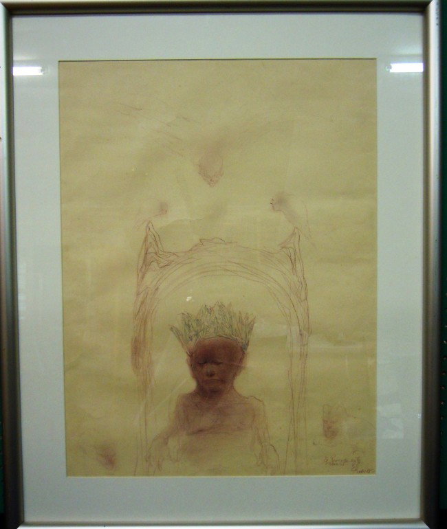 Signed Crayon Drawing on Paper: From the Old School Square Museum, crayon drawing on paper of grotesque king with subjects. Indinstinctly signed bottom right. Measurements are: 25" x 17 1/2". Disclaimer: Any piece of art deaccessed 