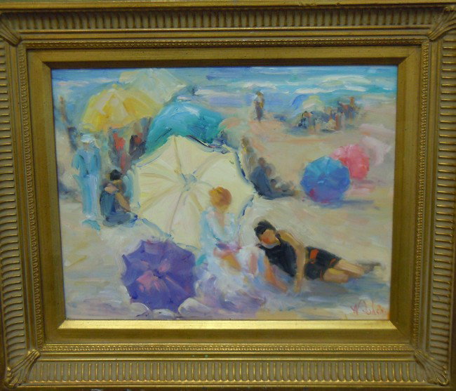Wendy Johnson, Oil on Board: American artist Wendy Johnson's original oil on board. The painting depicts a beach scene with ladies lounging under umbrellas. Measurements are: 10 3/4" x 13 1/2".