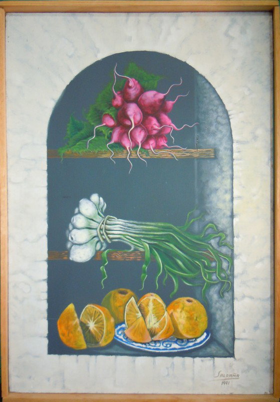 Acrylic on Canvas, Signed Saldana 1991: From the Old School Square Museum, acrylic on canvas, signed "Saldana" (possibly Efrain Saldana) and dated 1991 on bottom right of painting. On the back of the canvas it reads, "Tu Pereza Esmas Blanca